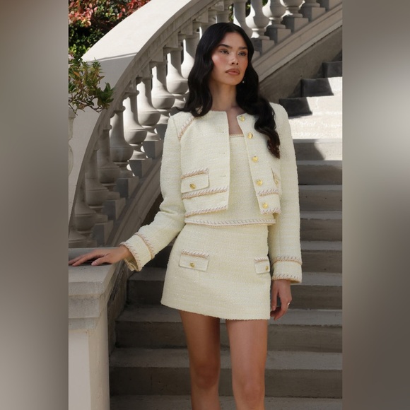 Avec Les Filles Dresses & Skirts - Avec Les Filles Yellow Tweed Chain Trim Set
